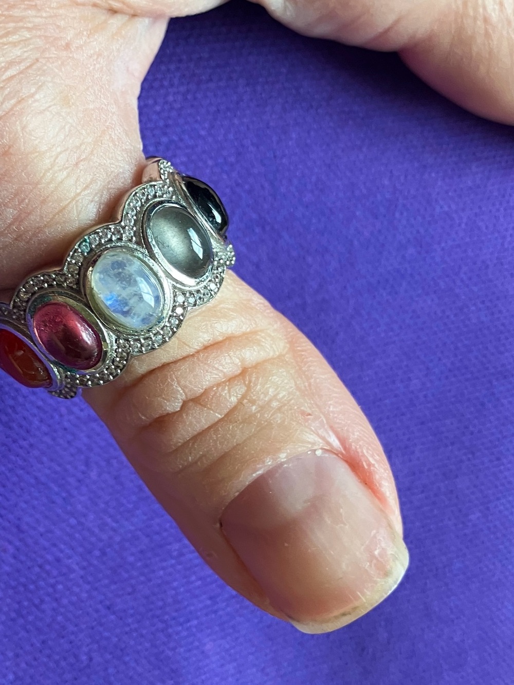 Multigemstone Silver Band Ring with Red, Blue, Gray and Black Stones